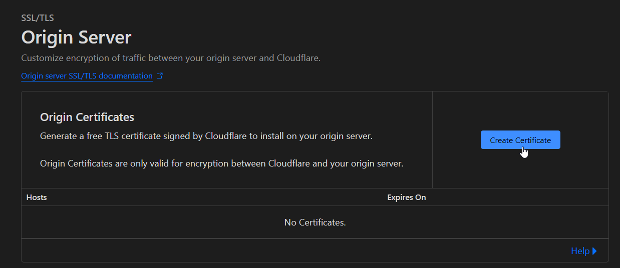 The Origin Server page with a cursor hovering over the Create Certificate button,