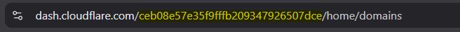 The Cloudflare Dashboard URL, with the Account ID proceeding the first / highlighted.