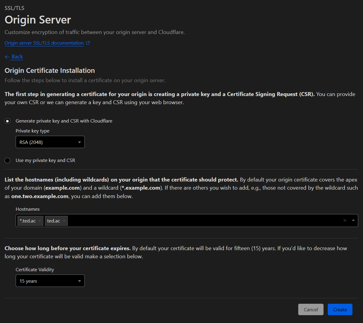 The Origin Server Create Certificate page with the default settings selected.